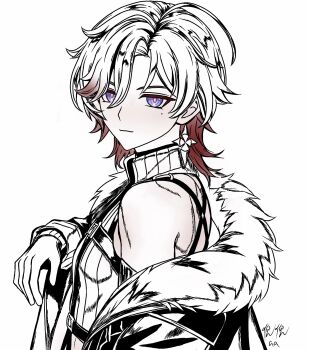 Rule 34 | 1boy, artist name, blue eyes, chinese commentary, colored inner hair, commentary request, earrings, fur trim, genshin impact, grey pupils, highres, illuga (genshin impact), jacket, jewelry, lineart, looking at viewer, male focus, mole, mole under eye, monochrome, multicolored hair, niniaa, off shoulder, purple eyes, red hair, shirt, short hair, simple background, single earring, sleeveless, sleeveless shirt, smile, solo, spot color, streaked hair, sweater, turtleneck, upper body, white background