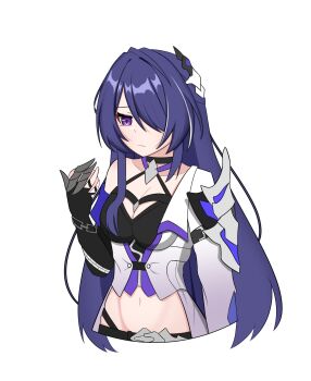 Rule 34 | 1girl, acheron (honkai: star rail), armor, black choker, breasts, choker, cleavage, commentary request, criss-cross halter, halterneck, hand up, highres, holding, honkai: star rail, honkai (series), korean commentary, long hair, long sleeves, midriff, navel, purple eyes, purple hair, shoulder armor, simple background, single bare shoulder, solo, ujjallamjwi, upper body, very long hair, white background
