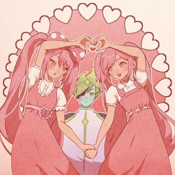 Rule 34 | 1boy, 2girls, bare arms, belt, blue skin, bow, broken heart, buttons, captain spaceboy, closed mouth, colored skin, commentary, cowboy shot, dark-skinned female, dark skin, dot nose, dress, eyepatch, fingernails, frilled dress, frilled sleeves, frills, green hair, hair bow, heart, heart background, heart hands, heart hands duo, highres, holding hands, jacket, light blush, light frown, long dress, long hair, looking at another, maze (xxxxmeze), multiple girls, official alternate hair color, omori, open mouth, outline, perfectheart (omori), pinafore dress, pink background, pink belt, pink bow, pink dress, pink eyes, pink hair, pink nails, pink theme, polka dot, polka dot bow, puffy short sleeves, puffy sleeves, red eyes, short hair, short sleeves, shoulder pads, sleeveless, sleeveless dress, smile, standing, straight-on, sweetheart (omori), teeth, turtleneck, turtleneck jacket, twintails, untranslatable commentary, upper teeth only, very long hair, white jacket, white outline, zipper
