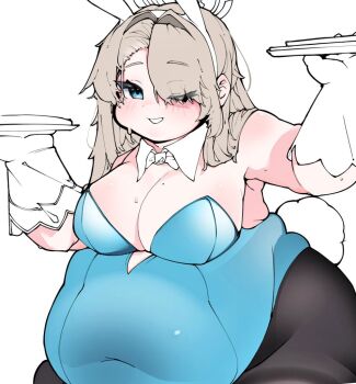 Rule 34 | 1girl, ;d, alternate body size, animal ear hairband, animal ears, armpits, asuna (blue archive), asuna (bunny) (blue archive), backless leotard, bare shoulders, black pantyhose, blonde hair, blue archive, blue eyes, blue leotard, blush, bow, bowtie, breasts, chile paper, chinese commentary, cleavage, commentary, covered navel, cowboy shot, curtained hair, detached collar, elbow gloves, eyes visible through hair, fake animal ears, fake tail, fat, gloves, grin, hair intakes, hair over one eye, hair over shoulder, hairband, halo, hands up, holding, holding tray, large breasts, leaning forward, leotard, long hair, looking at viewer, obese, official alternate costume, one eye closed, one eye covered, open mouth, pantyhose, playboy bunny, rabbit ear hairband, rabbit ears, rabbit tail, raised eyebrows, simple background, smile, solo, standing, strapless, strapless leotard, sweat, tail, traditional bowtie, tray, unfinished, weight gain, white background
