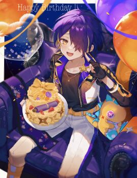 Rule 34 | 1boy, balloon, belt, black gloves, black shirt, blonde hair, cake, chair, commentary request, ensemble stars!, fingerless gloves, floral print, food, fruit, gloves, hair over one eye, happy birthday, highres, holding, holding plate, index finger raised, jacket, jewelry, kurokkan, long sleeves, looking at viewer, male focus, multicolored hair, necklace, on chair, one eye covered, open clothes, open jacket, open mouth, pants, plate, purple hair, scroll, sengoku shinobu, shirt, short hair, shuriken, sitting, smile, solo, star (symbol), star necklace, strawberry, streaked hair, stuffed animal, stuffed toy, three-quarter sleeves, two-tone hair, weapon, white pants, yellow background, yellow belt