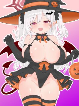 1girl absurdres bat_hair_ornament bat_wings black_dress black_gloves black_thighhighs blue_archive blush breasts cleavage commentary_request covered_erect_nipples covered_navel cowboy_shot curvy demon_tail demon_wings dress elbow_gloves fang gloves gradient_background hair_ornament hair_scrunchie halo hat hat_ornament highres holding jack-o&#039;-lantern large_breasts long_hair looking_at_viewer mutsuki_(blue_archive) oppai_loli orange_thighhighs pink_background poca252 purple_background purple_eyes red_halo scrunchie sidelocks skin_fang smile standing striped_clothes striped_thighhighs tail thighhighs two-tone_thighhighs two_side_up white_hair wings witch_hat