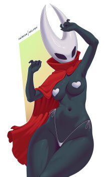 1girl absurdres armpits bikini black_skin breasts cleavage cloak colored_skin commentary english_commentary heart_pasties highleg highleg_bikini highres hollow_eyes hollow_knight hollow_knight:_silksong horned_mask hornet_(hollow_knight) humanization mask medium_breasts melowh navel pasties patreon_username purple_bikini red_cloak side-tie_bikini_bottom solo stomach swimsuit thighs topless_female