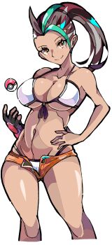 1girl absurdres ahoge armpits bare_shoulders bikini bikini_under_clothes breasts cleavage collarbone colored_bangs dark-skinned_female dark_skin enpe feet_out_of_frame freckles front-tie_bra gauntlets high_ponytail highres large_breasts looking_at_viewer midriff navel nemona_(pokemon) nintendo open_clothes open_shorts orange_eyes orange_shorts poke_ball poke_ball_(basic) pokemon pokemon_sv ponytail shorts stomach swimsuit thick_thighs thigh_gap thighs thong_bikini throwing throwing_poke_ball white_bikini wide_hips
