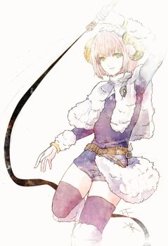 1girl beastmaster_(final_fantasy) belt blue_jumpsuit blue_thighhighs brown_belt closed_mouth fake_horns final_fantasy final_fantasy_v green_eyes holding holding_whip horns jumpsuit leg_up lenna_charlotte_tycoon pink_hair ruka_(blueplus84) sheep_horns short_hair short_jumpsuit simple_background smile solo thighhighs white_background