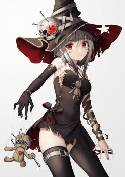 1girl absurdres asymmetrical_gloves asymmetrical_legwear bandages black_dress black_panties black_thighhighs blood blood_drop bracelet breasts closed_mouth clothes_pin clothing_cutout doll doll_joints dress ear_piercing earrings elbow_gloves flippy_(cripine111) flower_in_eye frilled_thigh_strap gloves goth_fashion gradient_background grey_hair halterneck hat head_tilt heart highres jewelry joints light_blush light_smile medium_hair nail_polish off-shoulder_dress off_shoulder original panties piercing puppet puppet_rings puppet_strings red_eyes red_nails ring seams short_dress sideboob simple_background skindentation skull solo star_cutout strap symbol_in_eye thigh_strap thighhighs torn_clothes underwear white_background witch witch_hat