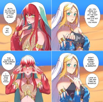 2girls 4koma alternate_costume alternate_hairstyle arabian_clothes artist_name artist_request bare_shoulders blush breasts comic dessert detached_sleeves english_text flat_chest food gold highres hood humanization long_hair medium_breasts mipha multiple_girls nails natyraart nintendo princess_zelda red_hair sand sketch speech_bubble the_legend_of_zelda the_legend_of_zelda:_breath_of_the_wild yellow_eyes