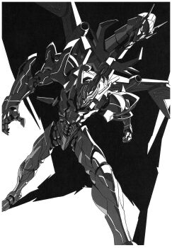 absurdres greyscale gridknight_(ssss.gridman) gridman_universe highres mecha monochrome no_humans official_art robot simple_background solo ssss.dynazenon standing traditional_media trigger_(company) tsuburaya_productions wings yoshinari_you