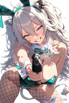1girl absurdres ahoge alternate_costume animal_ear_hairband animal_ear_piercing animal_ears bare_shoulders bow bowtie breasts cleavage commentary covered_navel curio_(curiofinity) desert_eagle detached_collar double-parted_bangs fake_animal_ears fishnet_pantyhose fishnets green_bow green_bowtie green_leotard grey_eyes grey_hair grin gun hair_between_eyes hairband handgun highleg highleg_leotard highres holding holding_gun holding_weapon hololive large_breasts leotard lion_ears lion_tail long_hair looking_at_viewer messy_hair pantyhose playboy_bunny rabbit_ear_hairband rabbit_ears shishiro_botan sidelocks simple_background smile smoke smoking_barrel solo strapless strapless_leotard tail traditional_bowtie two_side_up virtual_youtuber weapon white_background wrist_cuffs
