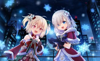 2girls ahoge artist_request asymmetrical_bangs ayano_rika ayano_rika_(christmas_ver.) back_bow bare_shoulders beads bell belt black_belt black_bow black_bowtie black_gloves black_ribbon black_sky blonde_hair blue_bow blue_bowtie blue_eyes bow bowtie brooch brown_bow brown_shirt building catching chest_jewel choker city clenched_hand cloak cloud cowboy_shot detached_collar detached_sleeves dot_nose dress eyelashes flower frilled_cloak fur-trimmed_cloak fur-trimmed_dress fur-trimmed_hood fur-trimmed_shirt fur-trimmed_sleeves fur_trim game_cg gem gloves green_bow green_bowtie grey_hair hair_beads hair_bell hair_between_eyes hair_bow hair_flower hair_ornament hair_over_one_eye hair_ribbon halter_shirt halterneck happy highres hood hood_down hooded_cloak isuzu_ren isuzu_ren_(christmas_ver.) jewelry juliet_sleeves layered_shirt light_blush long_sleeves looking_at_object magia_record:_mahou_shoujo_madoka_magica_gaiden mahou_shoujo_madoka_magica mahou_shoujo_madoka_magica_magia_exedra medium_hair multiple_girls night official_alternate_costume official_art open_mouth outdoors pom_pom_(clothes) print_skirt puffy_sleeves red_bow red_choker red_cloak red_dress red_eyes red_gemstone red_shirt red_skirt red_sleeves ribbon shirt skirt skirt_under_dress sky skyscraper sleeve_bow smile snowflake_brooch snowflake_print snowflakes snowing sparkle standing star_(sky) starry_sky striped_bow striped_clothes striped_skirt studded_belt third-party_source two-tone_bow two-tone_bowtie two_side_up vertical-striped_cloak vertical-striped_clothes vertical-striped_skirt white_bow white_flower white_skirt