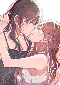 2girls absurdres black_camisole blush brown_hair camisole commentary_request eye_contact highres holding_hands interlocked_fingers long_hair looking_at_another multiple_girls original parted_lips purple_eyes rococomm123 simple_background white_background white_camisole yuri
