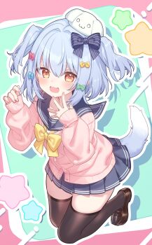 1boy :d absurdres black_thighhighs blue_bow blue_hair blue_sailor_collar blue_skirt blush bow bowtie brown_shoes cardigan commentary dog_boy dog_tail drop_shadow full_body green_background hair_bow hands_up highres hiraga_matsuri inuyama_tamaki inuyama_tamaki_(1st_costume) loafers long_sleeves looking_at_viewer male_focus miniskirt noripro open_mouth orange_eyes outline pink_cardigan pleated_skirt red_bow sailor_collar school_uniform serafuku shoes short_hair skirt smile solo star_(symbol) tail thighhighs trap two_side_up virtual_youtuber white_outline yellow_bow yellow_bowtie zettai_ryouiki