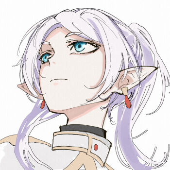 1girl aqua_eyes axelstool capelet earrings elf expressionless frieren gold_trim grey_hair hair_over_shoulder head_back jewelry long_pointy_ears looking_up parted_bangs pointy_ears solo sousou_no_frieren teardrop_earrings twintails upper_body upward_angle_frieren_drawing white_capelet white_hair