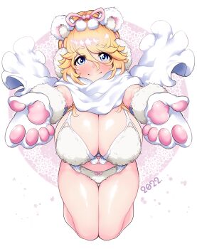 1girl absurdres animal_ears animal_hands blonde_hair blue_eyes breasts curly_hair fake_animal_ears fur_bikini gloves highres large_breasts monster_strike mukakin:zero nightingale_(monster_strike) paw_gloves smile solo