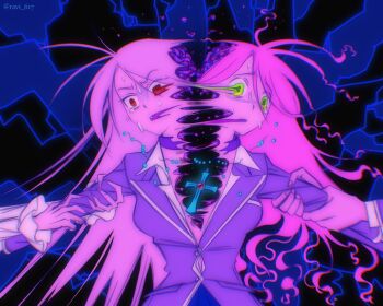 Rule 34 | 2girls, akashiya moka, artist name, commentary, cross, cross necklace, dual persona, english commentary, green eyes, highres, inner moka, jewelry, long hair, multiple girls, necklace, ravi-617, red eyes, rosario+vampire, school uniform, sweat, symbolism, twitter username, youkai academy school uniform