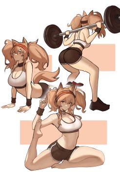 absurdres alternate_costume angelina_(arknights) angelina_(sports)_(arknights) animal_ears arknights back ball barbell bare_legs black_shorts breasts brown_hair clothes_around_waist collar distr dolphin_shorts exercising hairband highres holding holding_ball large_breasts legs long_hair looking_at_viewer multiple_expressions multiple_views navel open_mouth orange_eyes serious shoes shorts simple_background sneakers sports_bra sportswear squatting stretching sweat tail thigh_strap twintails very_long_hair weightlifting white_background white_sports_bra yoga