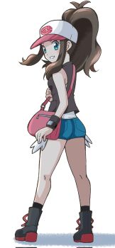 Rule 34 | 1girl, bag, baseball cap, black boots, black socks, black vest, blue eyes, blush, boots, brown hair, commentary request, cutoffs, denim, denim shorts, emapippi, exposed pocket, full body, hat, high ponytail, highres, hilda (pokemon), long hair, looking at viewer, nintendo, open mouth, poke ball print, pokemon, pokemon bw, ponytail, shirt, shorts, shoulder bag, sidelocks, simple background, smile, socks, solo, vest, white background, white shirt, wristband