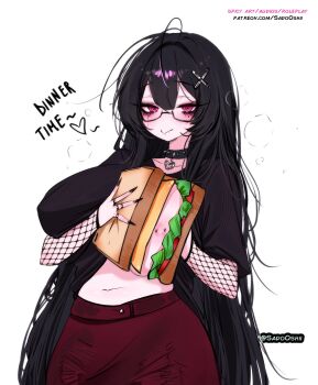 1girl @_@ artist_name black_choker black_eyeshadow black_hair black_nails black_shirt blush bread breast_press breast_sandwich breasts cheese choker closed_mouth collarbone commentary english_commentary eyelashes eyeshadow fingernails fishnets food glasses hair_ornament hairclip heart_collar highres huge_breasts lettuce long_hair long_sleeves looking_at_viewer makeup minaqing mole mole_under_eye nail_polish navel nipple_piercing nipples one_breast_out original piercing pink_eyes red_skirt runny_makeup sandwich semi-rimless_eyewear shirt simple_background skirt smile solo stomach under-rim_eyewear white_background