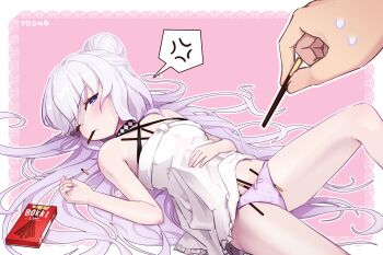 +_+ 1boy 1girl anger_vein artist_name azur_lane bare_arms bare_legs bare_shoulders blue_eyes blush bow bow_panties breasts cameltoe choker closed_mouth clothes_lift collarbone criss-cross_halter double_bun dress dress_lift food food_in_mouth food_in_pocket hair_bun hair_spread_out halterneck hand_on_own_stomach highres holding holding_food in_mouth le_malin_(azur_lane) le_malin_(sleepy_sunday)_(azur_lane) long_hair looking_at_viewer lying male_hand male_out_of_frame mouth_hold navel object_in_clothes object_in_panties on_back one_eye_closed out_of_frame panties pink_background pink_panties pocky pocky_day purple_panties sidelocks sleeveless sleeveless_dress small_breasts solo solo_focus speech_bubble spoken_anger_vein spread_legs sundress sweat sweatdrop symbol-shaped_pupils underwear very_long_hair waking_up white_dress white_hair y0ung