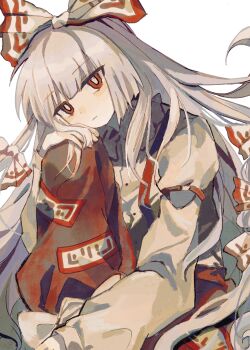1girl bow closed_mouth collared_shirt feet_out_of_frame fujiwara_no_mokou grey_bow grey_hair grey_shirt hair_bow hand_on_own_knee highres long_hair long_sleeves looking_at_viewer multiple_hair_bows ofuda ofuda_on_clothes pants red_bow red_eyes red_pants seiryo0425 shirt solo suspenders touhou two-tone_bow very_long_hair