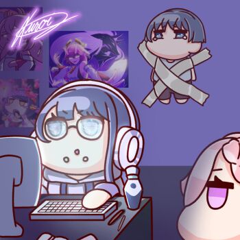 Rule 34 | animal ears, blue eyes, blue hair, braid, breasts, chair, computer, computer keyboard, computer mouse, desk, fox ears, genshin impact, highres, japanese clothes, kid taped to wall (meme), kujou sara, kuroij, large breasts, long hair, low-braided long hair, low-tied long hair, meme, miko, mole, mole under eye, monitor, nail polish, pink hair, purple eyes, purple hair, purple nails, qiqi (genshin impact), raiden shogun, raiden shogun (2nd anniversary), scaramouche (genshin impact), very long hair, yae miko