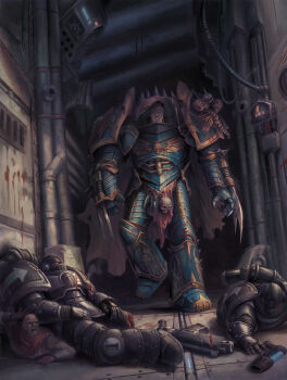 1boy adeptus_astartes armor black_hair blue_armor breastplate closed_mouth corpse death full_armor gold_trim heavy_bolter highres industrial_pipe injury jeff_porter konrad_curze long_hair monitor ornate_armor pauldrons plasma_pistol power_armor primarch shoulder_armor skull skull_ornament spiked_armor spikes sword warhammer_40k weapon wrist_blades