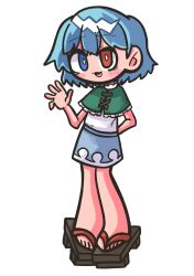 Rule 34 | 1girl, arm behind back, blue eyes, blue hair, blue skirt, bright pupils, capelet, commentary request, cookie (touhou), full body, geta, green capelet, heterochromia, highres, looking at viewer, medium bangs, mioto (cookie), open mouth, pigeon-toed, red eyes, shirt, short hair, simple background, skirt, smile, solo, standing, sznkrs, tatara kogasa, touhou, waving, white background, white pupils, white shirt