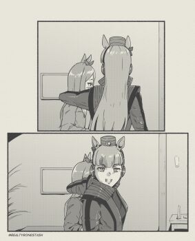 2girls animal_ears arm_around_shoulder black_jacket blunt_bangs bow breasts cosplay ear_ribbon gold_ship_(umamusume) grey_hair hat highres horse_ears horse_girl jacket long_hair looking_at_viewer mejiro_mcqueen_(umamusume) michael_jackson michael_jackson_(cosplay) monochrome multiple_girls open_mouth parody pillbox_hat scene_reference smile teeth thriller_(michael_jackson) tyrone umamusume zombie