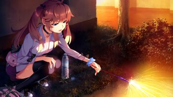 1girl ahoge backpack bag black_bow black_choker black_ribbon black_thighhighs blonde_hair blue_eyes blue_scrunchie bottle bottle_cap bow bush checkered_bag choker collarbone collared_shirt fireworks flats footwear_bow full_body game_cg grisaia_(series) grisaia_no_rakuen hair_ribbon hand_on_own_knee highres holding holding_fireworks long_hair long_sleeves matsushima_michiru non-web_source official_art on_grass open_mouth outdoors pendant_choker pink_bag pinstripe_pattern pinstripe_shirt plastic_bottle purple_skirt ribbon scrunchie shirt shoes skirt sleeve_bow solo sparkler sparks squatting thighhighs tile_floor tiles tree twintails unworn_backpack unworn_bag variant_set watanabe_akio water water_bottle white_shirt white_shoes wrist_scrunchie