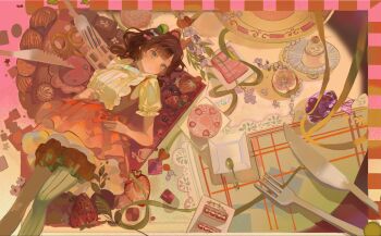 1girl blue_eyes brown_hair cake closed_mouth commentary dated_commentary food fork frilled_shirt frills fruit girls_band_cry green_pants hair_ornament highres iseri_nina knife koe_naki_sakana lying on_back pants pink_skirt ribbon sarino1022dayo shirt short_hair single_leg_pantyhose skirt solo strawberry white_shirt
