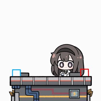 1girl 1other ambiguous_gender amiya_(arknights) anger_vein animated animated_gif arknights black_hairband brown_hair character_doll deformed doctor_(arknights) doll gameplay_mechanics hairband long_hair malrangdonut open_mouth priestess_(arknights) tsurime