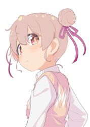 Rule 34 | 1girl, breasts, brown eyes, closed mouth, collared shirt, commentary request, from behind, grey hair, hair between eyes, hair bun, hair ribbon, highres, light blush, lips, long sleeves, looking at viewer, looking back, multicolored hair, onii-chan wa oshimai!, oyama mahiro, pink hair, pink ribbon, ribbon, shiina excel, shirt, simple background, small breasts, solo, streaked hair, sweater vest, upper body, white background, white shirt, yellow sweater vest