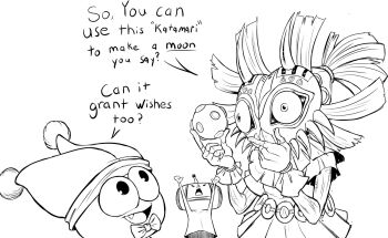 bow bowtie hand_on_chin hat highres jester_cap katamari katamari_damacy kirby_(series) marx_(kirby) nintendo sketch skull_kid speech_bubble straw_hat teevo the_legend_of_zelda the_legend_of_zelda:_majora&#039;s_mask the_prince_(katamari_damacy)