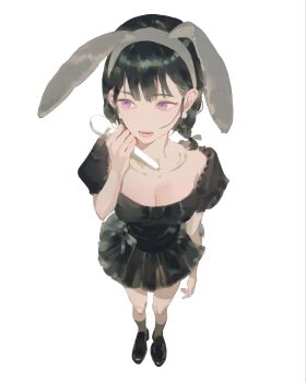 1girl alien_stage animal_ear_hairband animal_ears black_dress black_hair black_shoes black_socks braid breasts cleavage commentary dress fake_animal_ears from_above hairband highres holding holding_microphone kakyoriya looking_to_the_side medium_hair microphone official_alternate_costume open_mouth purple_eyes rabbit_ears shoes short_sleeves socks solo sua_(alien_stage) twin_braids