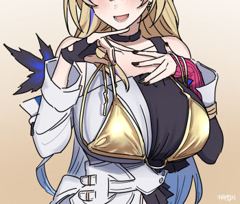 1girl artist_name bikini bikini_over_clothes black_nails blonde_hair blush breasts choker collarbone earrings fingerless_gloves gloves gold_bikini honkai:_star_rail honkai_(series) jewelry long_sleeves lower_teeth_only multicolored_hair open_mouth saku_no_14 serval serval_landau simple_background streaked_hair swimsuit teeth upper_body