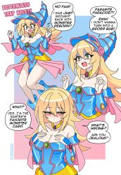 Rule 34 | 1girl, absurdres, bare shoulders, blonde hair, blue footwear, blue hat, boots, breasts, capelet, cleavage, commentary, dark magician girl, duel monster, english commentary, english text, full body, green eyes, hat, highres, long hair, looking at viewer, multiple views, nico-neko, no headwear, open mouth, pink capelet, pink skirt, pointy hat, showgirl skirt, sitting, skirt, sleeveless, speech bubble, thighhighs, wariza, yu-gi-oh!