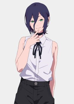 Rule 34 | 1girl, absurdres, black choker, black ribbon, black shoes, blue hair, chainsaw man, choker, closed mouth, collared shirt, green eyes, grey background, hand on own chin, highres, knew nothing, looking at viewer, medium hair, neck ribbon, reze (chainsaw man), ribbon, shirt, shoes, simple background, sleeveless, sleeveless shirt, solo, white shirt