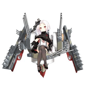 1girl anchor_symbol badge black_gloves black_shoes black_skirt blouse cannon capelet closed_mouth coffee_pot crossed_legs cup disposable_cup female_focus full_body fur-trimmed_capelet fur-trimmed_gloves fur_trim gloves grey_thighhighs hair_ornament high_collar index_finger_raised looking_at_viewer machinery mary_janes necktie official_art outstretched_hand red_eyes remodel_(warship_girls_r) rudder_footwear saru saucer ship_turret shirt shoes short_hair sitting sitting_on_object skirt solo striped_necktie striped_neckwear suspender_skirt suspenders teacup thighhighs transparent_background vittorio_veneto_(warship_girls_r) warship_girls_r white_hair white_shirt