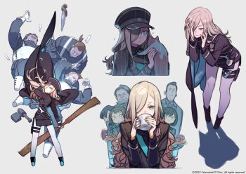 3boys 3girls blonde_hair blue_eyes cat coat coat_on_shoulders cup drinking farfrost_lunafilleigh full_body hair_over_one_eye hands_on_own_face hat highres holding holding_cup kuroboshi_kouhaku long_hair multiple_boys multiple_girls multiple_views official_art peaked_cap rain skirt sword tsurugihime very_long_hair weapon