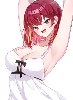 1girl akane_lize armpits arms_behind_head arms_up black_bow bow breasts cleavage commentary_request crossed_bangs grey_eyes highres korean_commentary large_breasts looking_at_viewer medium_hair mole mole_under_eye multicolored_hair namha76 no_bra open_mouth red_hair shirt shirt_bow sideboob simple_background sleeveless sleeveless_shirt slit_pupils smile solo stellive streaked_hair upper_body virtual_youtuber white_background white_shirt