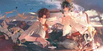 1boy 1girl absurdres bag black_hair brown_hair car car_interior closed_mouth cloud commission couple dress driving floating_hair flower flower_wreath gun hair_ornament head_wreath highres holding holding_gun holding_weapon leaf lips long_sleeves mihuashi_commission money motor_vehicle nickel_nike orange_flower orange_ribbon original outdoors ribbon shirt short_hair sitting sky veil weapon white_dress white_veil wind wreath