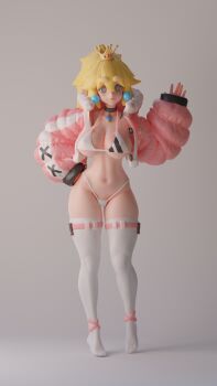 3d bikini blonde_hair blue_eyes blush cameltoe choker covered_erect_nipples crown driverbunny37 earrings feet hand_on_own_hip highres jewelry mario_(series) micro_bikini navel nintendo princess_peach puffy_jacket puffy_sleeves simple_background swimsuit thighhighs waving white_legwear winter_peach