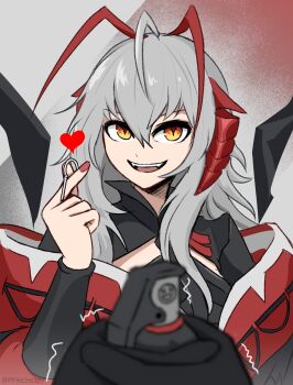 1girl absurdres antenna_hair arknights che3zy commentary english_commentary explosive grenade grenade_pin heart highres holding holding_grenade horns jacket multicolored_hair open_mouth red_hair red_horns red_jacket solo_focus teeth tongue trembling two-tone_hair upper_teeth_only w_(arknights) white_hair wis'adel_(arknights) yellow_eyes