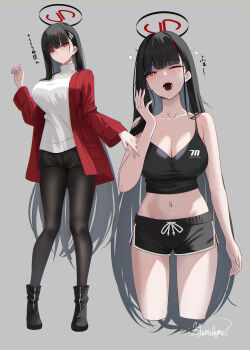 1girl absurdres bare_shoulders black_boots black_hair black_shorts black_sports_bra blue_archive blush boots breasts brown_pantyhose cleavage commentary_request dolphin_shorts full_body hair_ornament hairclip halo highres jacket large_breasts long_hair looking_at_viewer multiple_views navel one_eye_closed open_mouth pantyhose red_eyes red_jacket rio_(blue_archive) shorts sports_bra sweater translation_request turtleneck turtleneck_sweater white_sweater yamikyon yawning