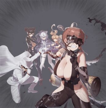 5girls animated animated_gif breasts brown_eyes brown_hair character_request cleavage delta_(nikke) delta_(ninja_thief)_(nikke) goddess_of_victory:_nikke groin large_breasts multiple_girls ninja official_art smile source_request