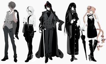 Rule 34 | 2girls, 3boys, absurdres, black coat, black dress, black hair, black necktie, black pants, black shoes, blue eyes, cane, coat, coffee, commentary request, dress, faust (project moon), grey scarf, heathcliff (project moon), heishou pack-mao branch (identity) (project moon), heishou pack-wu branch (identity) (project moon), heishou pack-you branch (identity) (project moon), highres, hong lu (project moon), hongyuan (identity) (project moon), ishmael (project moon), limbus company, long hair, looking at viewer, multiple boys, multiple girls, necktie, ondoiro, pants, project moon, scarf, shoes, simple background, umbrella, very long hair, white background, white hair, yi sang (project moon)