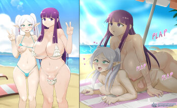 1futa 1girl :o ahegao beach bikini breast_press breasts bulge completely_nude darm_engine fern_(sousou_no_frieren) frieren futa_with_female futanari grabbing_another's_breast green_eyes grey_hair groping huge_penis long_hair looking_at_viewer medium_breasts nipples nude ocean open_mouth partially_undressed penis prone_bone purple_eyes purple_hair sex_from_behind sousou_no_frieren swimsuit tongue tongue_out twintails v veins veiny_penis water