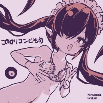 1girl ;o backbeako_(torotei) backbeard blush bottomless bow bow_bra bra breasts collarbone commentary dated dated_commentary floral_print floral_print_bra gegege_no_kitarou gloves hair_over_one_eye kono_lolicon_domome loli long_hair looking_at_viewer maid_headdress monochrome navel one_eye_closed open_mouth original out-of-frame_censoring paid_reward_available pear-shaped_figure pink_background pink_theme pointy_ears ribs simple_background small_breasts solo tongue tongue_out torotei translated twintails underwear underwear_only upper_body very_long_hair watermark web_address