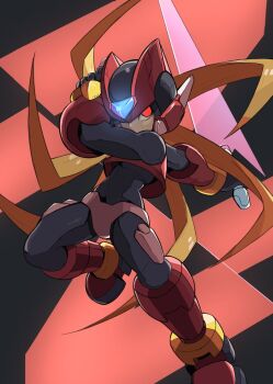 1boy armor black_background blonde_hair boots crop_top energy_sword forehead_jewel full_body glowing glowing_eyes helmet highres holding holding_sword holding_weapon long_hair looking_at_viewer mega_man_(series) mega_man_zero_(series) omega_(mega_man) red_armor red_background red_boots red_eyes red_helmet shoyu-z solo sword weapon