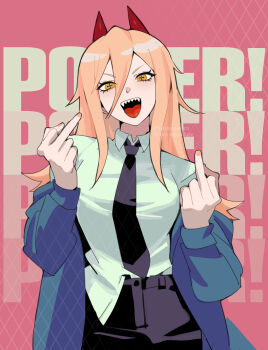 1girl black_necktie black_pants blazemalefica blonde_hair blue_jacket chainsaw_man character_name collared_shirt demon_girl demon_horns double_middle_finger hair_between_eyes highres horns jacket long_hair middle_finger necktie open_mouth pants power_(chainsaw_man) red_horns sharp_teeth shirt shirt_partially_tucked_in solo teeth white_shirt yellow_eyes